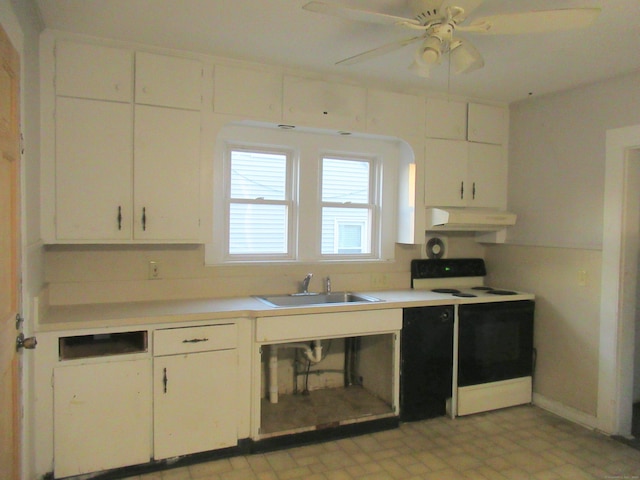 kitchen featuring electric range, white cabinetry, ceiling fan, and sink