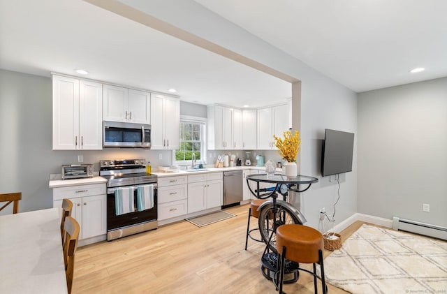 kitchen featuring light hardwood / wood-style flooring, white cabinets, and appliances with stainless steel finishes