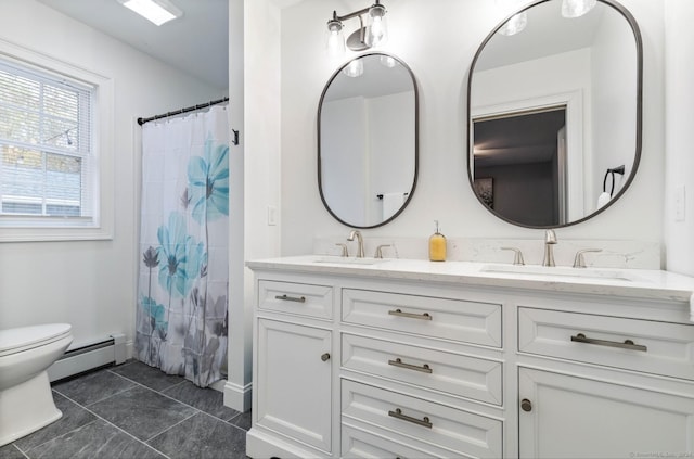 bathroom with vanity, a baseboard radiator, toilet, and curtained shower