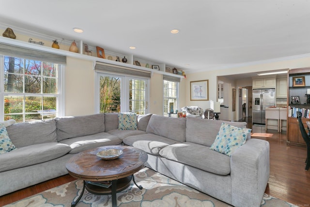 living room with dark hardwood / wood-style floors and crown molding