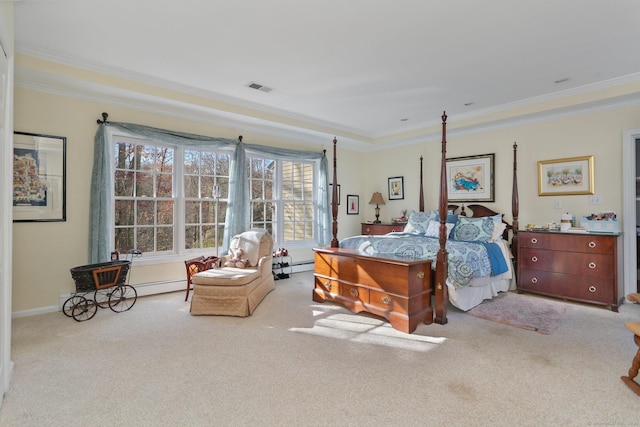 carpeted bedroom featuring baseboard heating and crown molding