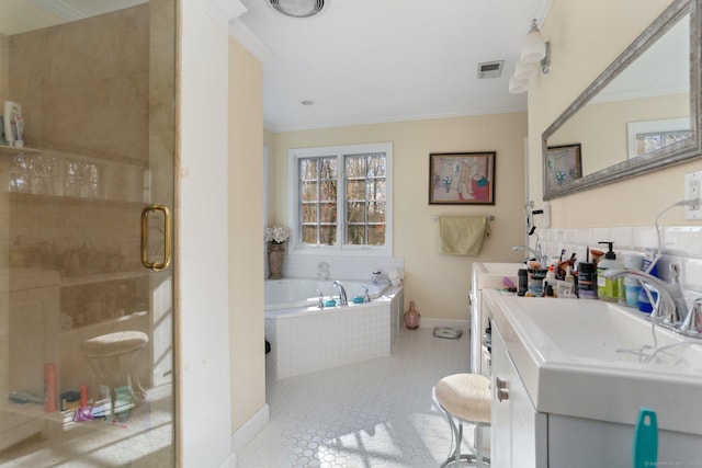 bathroom with tile patterned flooring, vanity, crown molding, and plus walk in shower