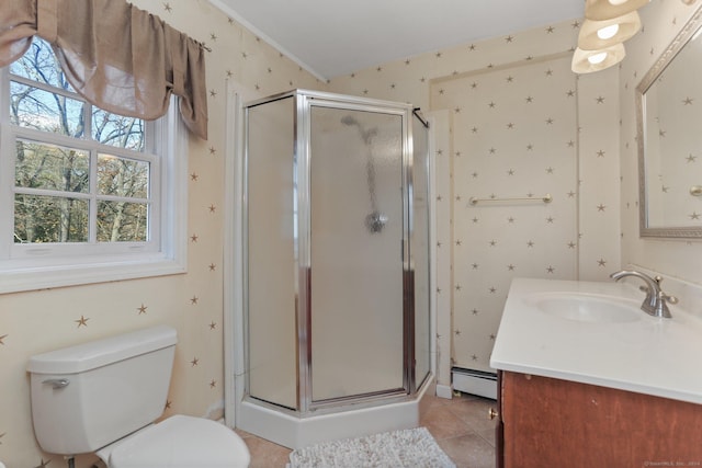 bathroom featuring vanity, baseboard heating, tile patterned flooring, toilet, and a shower with shower door