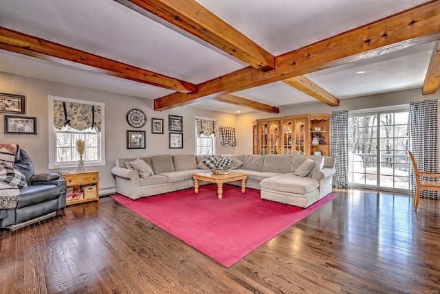 living room featuring baseboard heating and dark hardwood / wood-style floors