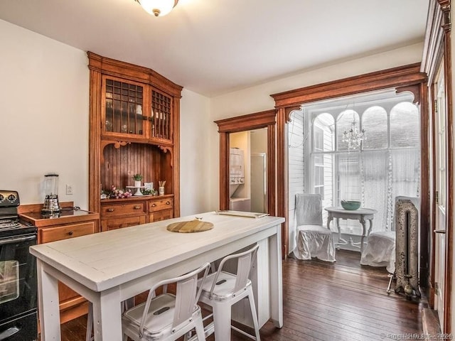 kitchen featuring black electric range oven and dark hardwood / wood-style flooring