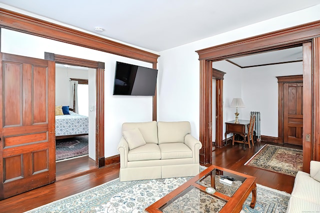 living room with dark wood-type flooring