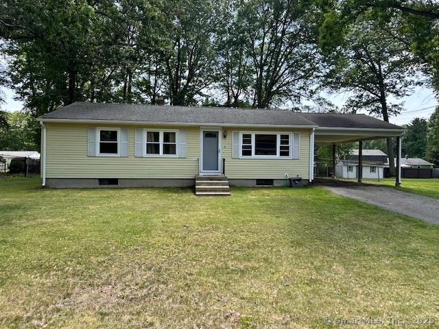 8 Fernwood Ave, Enfield, CT 06082 - view of front of property featuring entry steps, asphalt driveway, a carport, and a front yard