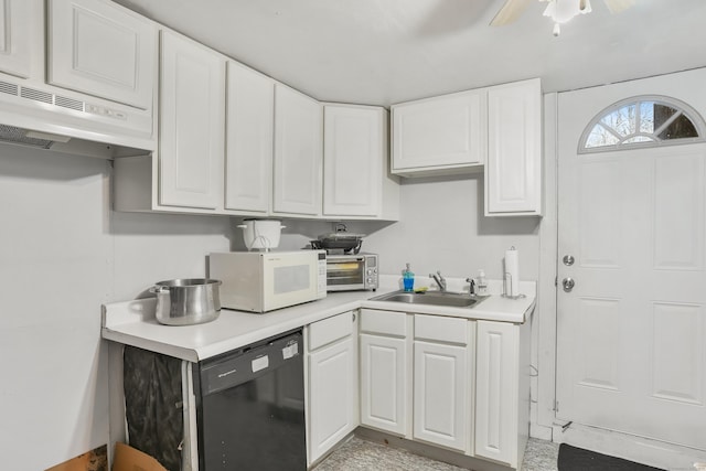 kitchen with ventilation hood, ceiling fan, sink, dishwasher, and white cabinets