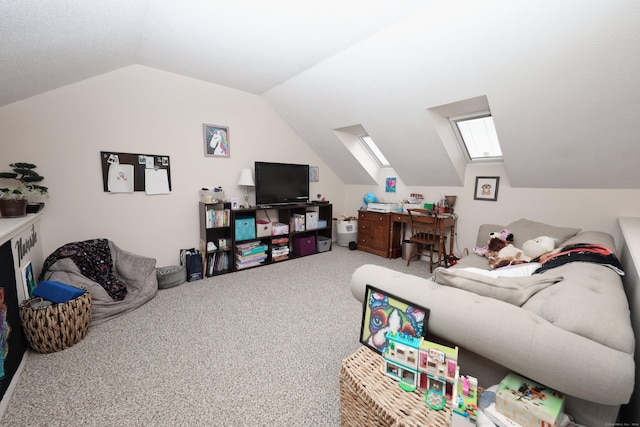 carpeted living room featuring vaulted ceiling