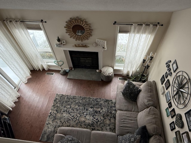 living room featuring a textured ceiling and hardwood / wood-style floors