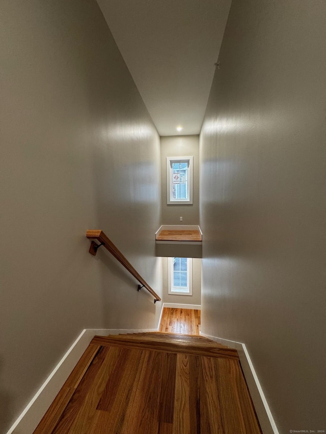 stairway featuring hardwood / wood-style flooring