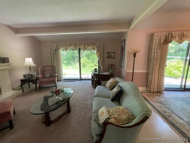 living room with beamed ceiling, a textured ceiling, and a wealth of natural light