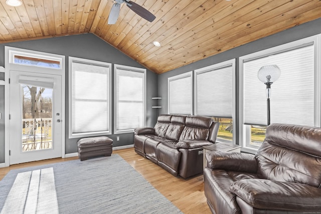 sunroom / solarium with ceiling fan, wood ceiling, and lofted ceiling