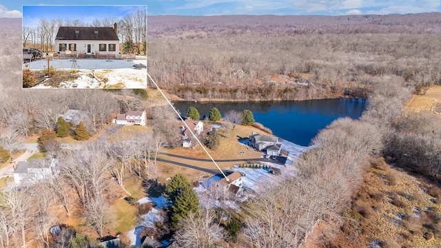 birds eye view of property with a water view