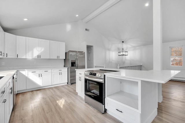 kitchen featuring a kitchen island, beamed ceiling, appliances with stainless steel finishes, white cabinets, and light wood-type flooring