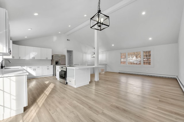 kitchen featuring a center island, light hardwood / wood-style flooring, appliances with stainless steel finishes, beam ceiling, and white cabinetry