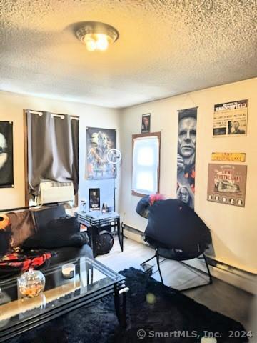 living room featuring a textured ceiling