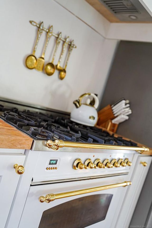 details with white cabinetry and gas range gas stove