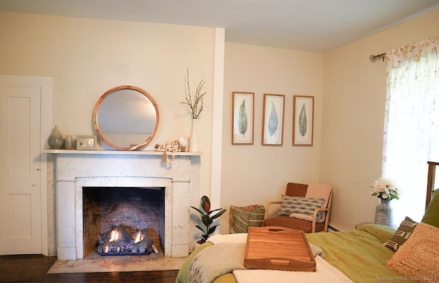 sitting room featuring dark wood-type flooring and a high end fireplace