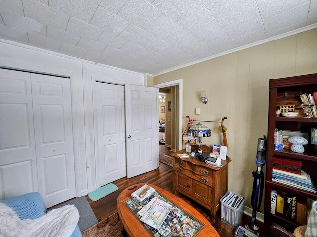 interior space with ornamental molding and dark wood-style flooring