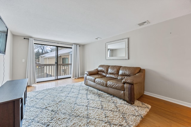 living room with a textured ceiling and light hardwood / wood-style floors