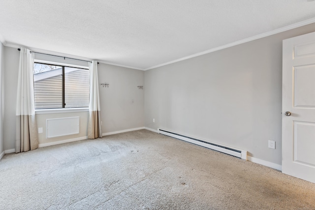 carpeted spare room with a textured ceiling, a baseboard radiator, and crown molding