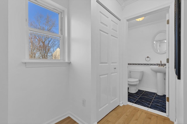 bathroom featuring hardwood / wood-style floors, toilet, and crown molding