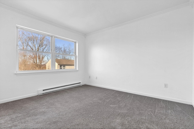 unfurnished room with dark colored carpet, baseboard heating, and ornamental molding