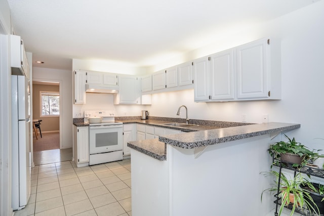 kitchen featuring white cabinetry, sink, kitchen peninsula, white appliances, and light tile patterned flooring