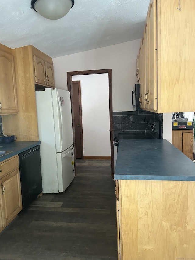 kitchen featuring decorative backsplash, dark hardwood / wood-style floors, light brown cabinets, and black appliances