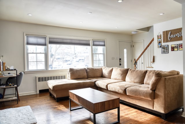 living room featuring plenty of natural light, radiator, and hardwood / wood-style floors