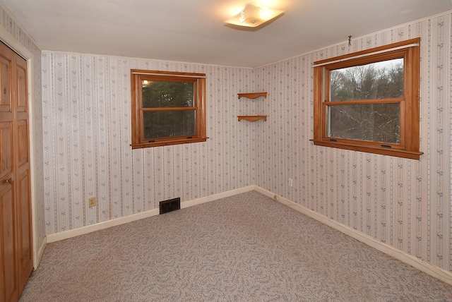 empty room with carpet floors and ornamental molding