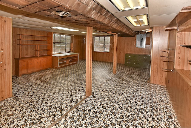 basement with electric panel, wood ceiling, and wood walls