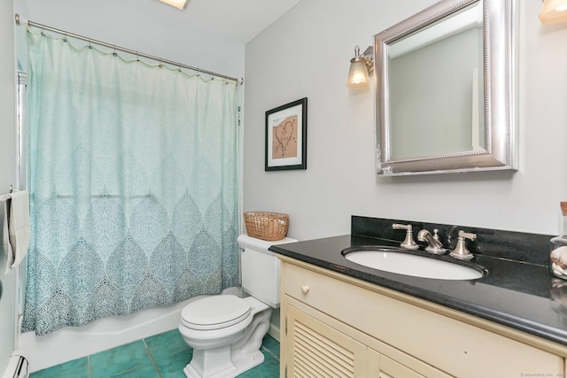 full bathroom featuring shower / tub combo with curtain, tile patterned flooring, vanity, baseboard heating, and toilet