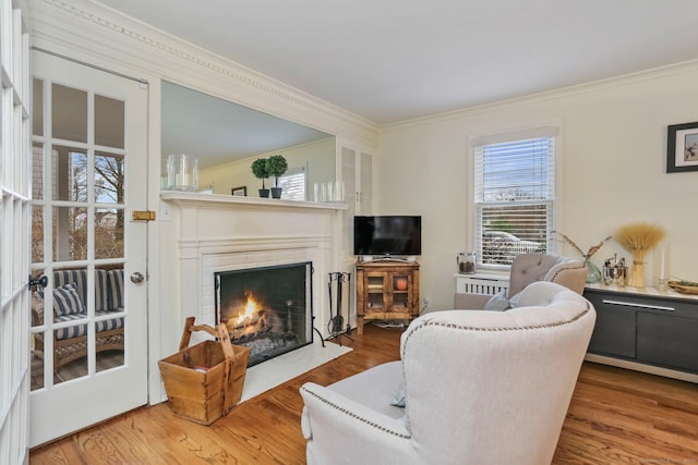 living room featuring crown molding and wood-type flooring