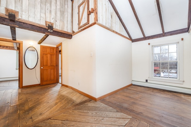 unfurnished living room featuring beam ceiling, high vaulted ceiling, wood-type flooring, and a baseboard heating unit