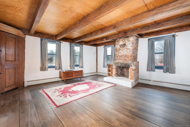 unfurnished living room with wooden ceiling, a brick fireplace, beamed ceiling, dark hardwood / wood-style floors, and a baseboard heating unit