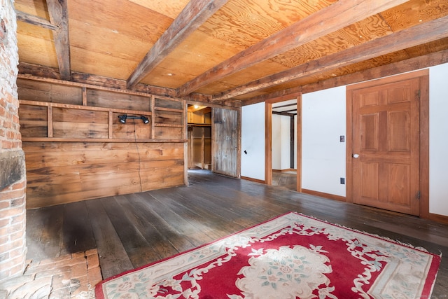 interior space with beamed ceiling, wooden ceiling, and dark hardwood / wood-style floors