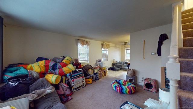 playroom featuring carpet and ceiling fan