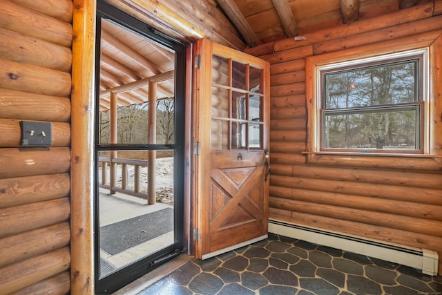 doorway featuring log walls, a baseboard radiator, lofted ceiling with beams, and wooden ceiling