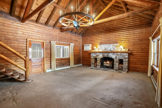 unfurnished living room with high vaulted ceiling, carpet flooring, beamed ceiling, ceiling fan, and a fireplace