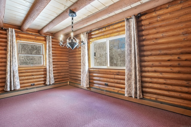 carpeted empty room with beam ceiling, a baseboard radiator, rustic walls, and a chandelier