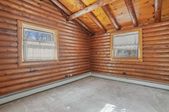 empty room with wooden ceiling, log walls, carpet, and vaulted ceiling with beams