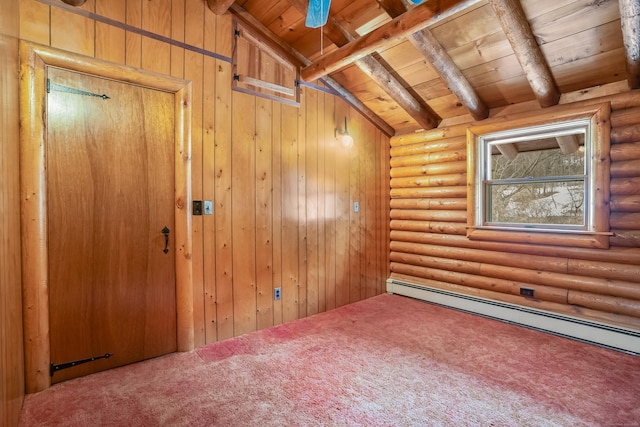 carpeted spare room featuring log walls, lofted ceiling with beams, wooden ceiling, and baseboard heating