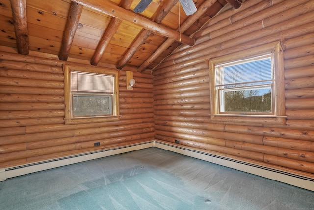 carpeted spare room with log walls, vaulted ceiling with beams, wooden ceiling, and baseboard heating