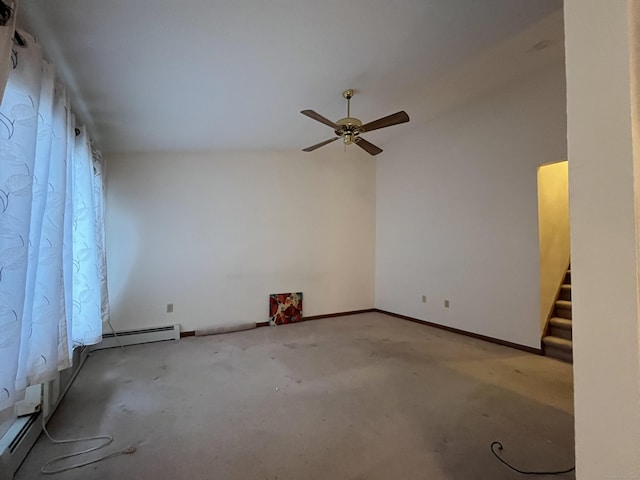 spare room with light colored carpet, a baseboard radiator, ceiling fan, and lofted ceiling