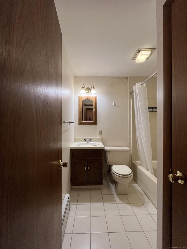 full bathroom with a baseboard heating unit, tile patterned floors, toilet, shower / tub combo with curtain, and vanity