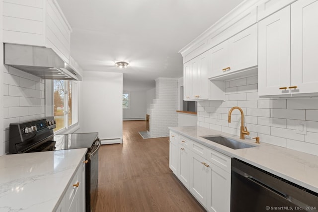 kitchen featuring sink, stainless steel dishwasher, dark hardwood / wood-style floors, black range with electric cooktop, and a baseboard radiator