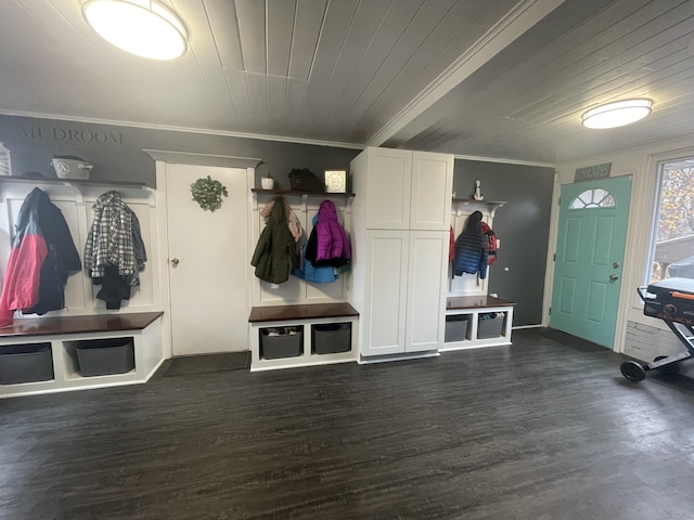 mudroom with wooden ceiling, dark wood-type flooring, and crown molding