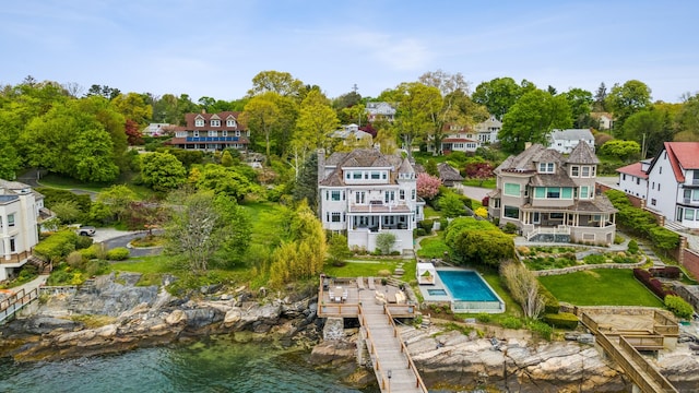 drone / aerial view featuring a water view